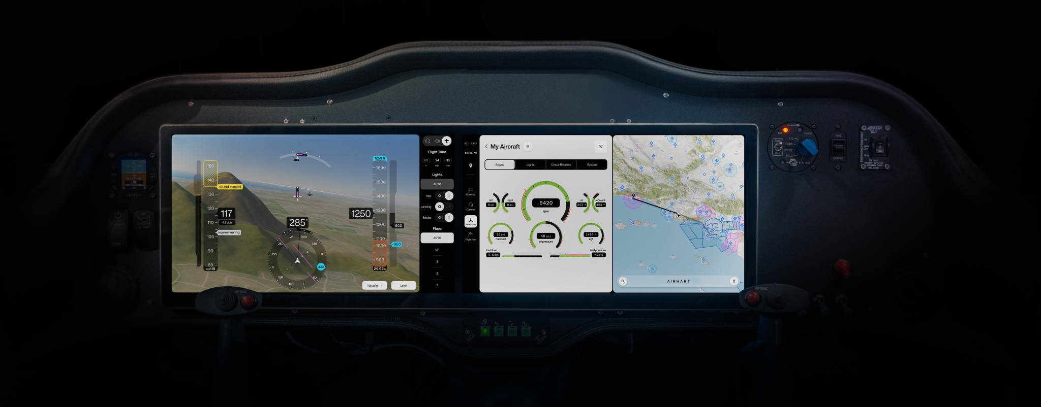Airhart Avionics — full panoramic dual-display panel showing PFD, engine page, and navigation map