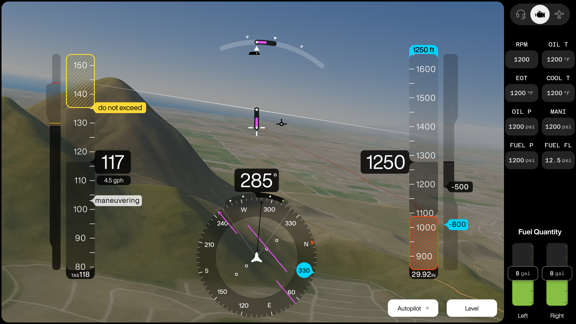 Airhart Avionics PFD display — synthetic vision, autopilot and level controls
